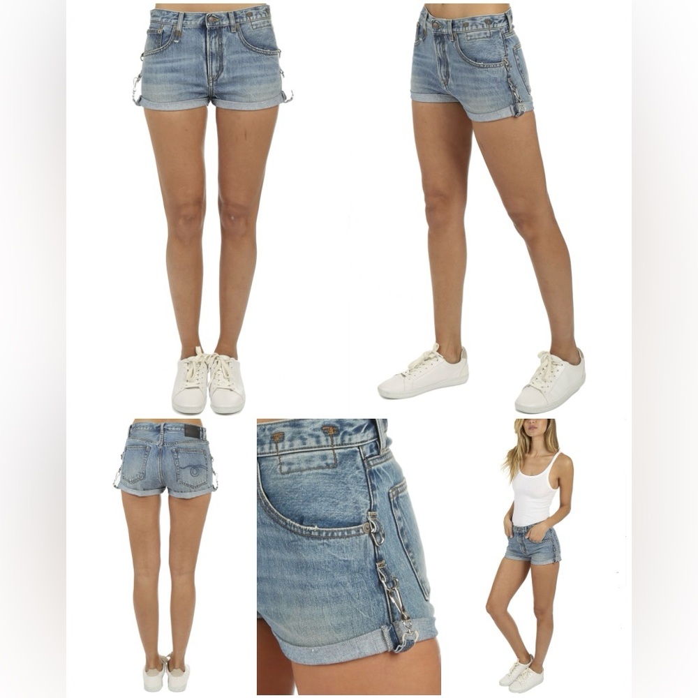 R13 $345 Hook Adjustable Cut Off Cuffed Jasper Blue Denim Jean Shorts SZ 27